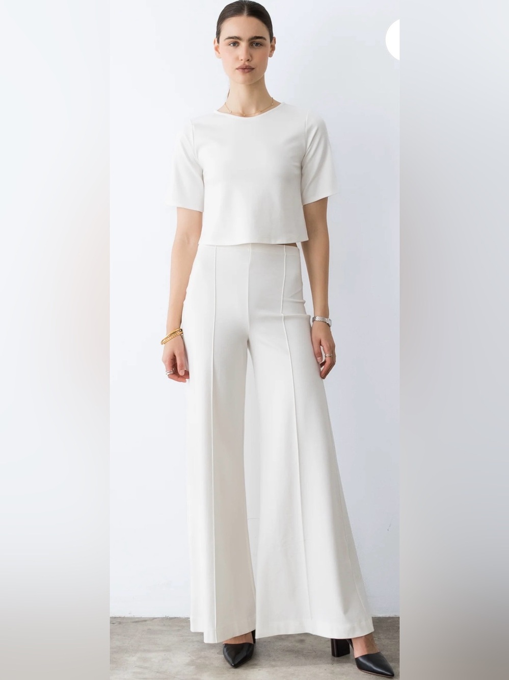 NWT Ripley Rader Wide-Leg Pintuck Wide Band Pants - Optic White / Lilac